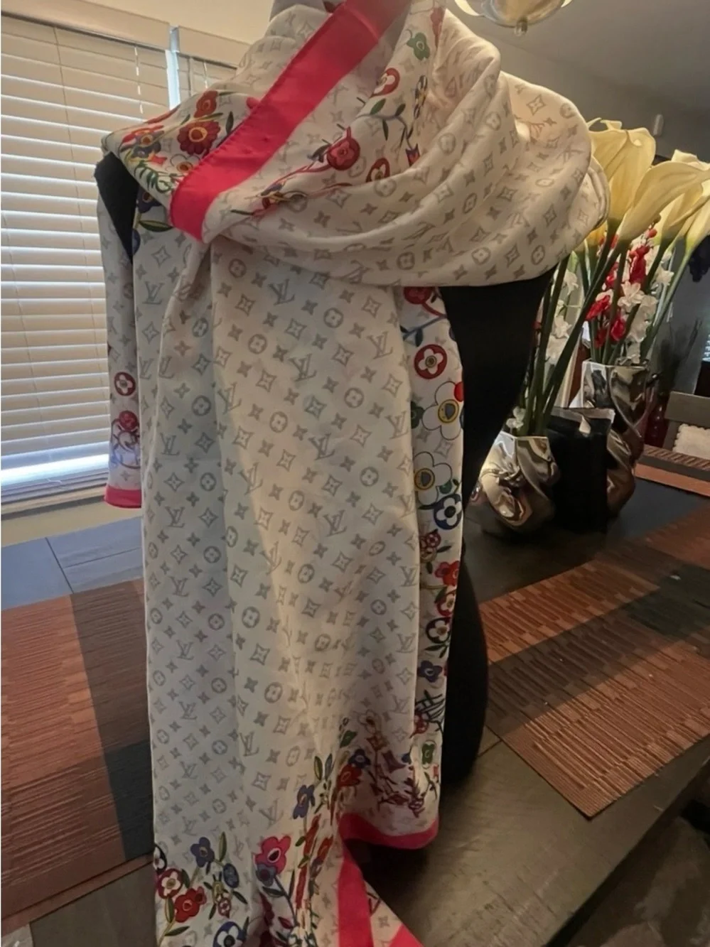 Luxury White Floral Border Silk Scarf